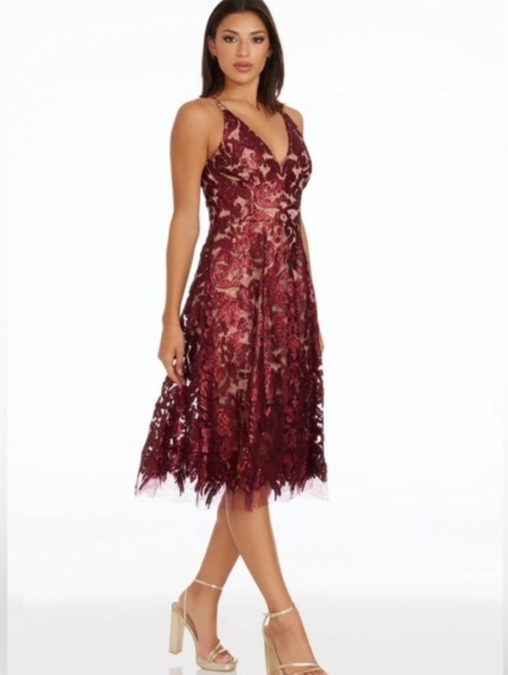 Dress the Population Blair Lace Sequin Midi Dress In Berry nude Large